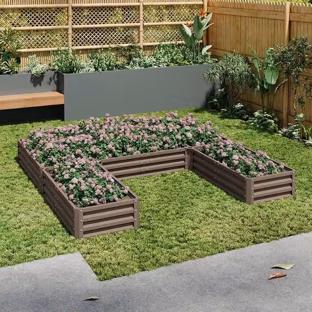 Livingandhome U-shaped Metal Raised Garden Bed with 5 Compartments in Brown