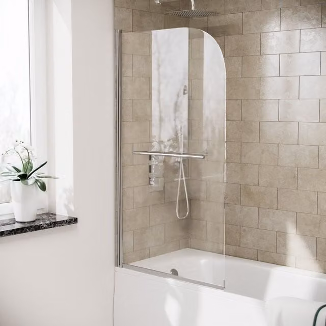 Nes Home Frameless Glass Bath Shower Screen with Hinged Swing Door and Towel Bar in Silver, W: 79 cm, H: 140 cm – 1