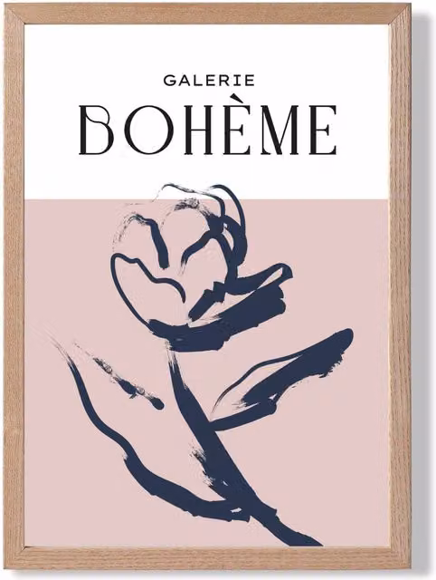 ARTZE Blush and Navy Blue Rose Boho Sketch Floral Framed Print with Oak Frame, A3