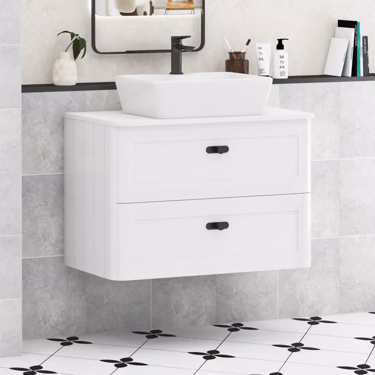Royal Bathrooms Henley 800mm Gloss White Wall Hung Vanity Unit with 2 Drawers, Plain White Worktop, Cube Basin and Matt Black Knob