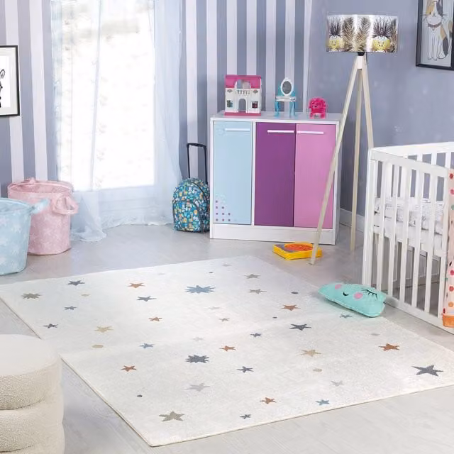 Livabliss Lilian Washable Round Kids Rug with Star Pattern in Beige, Orange, Green and Grey, Diameter: 160 cm