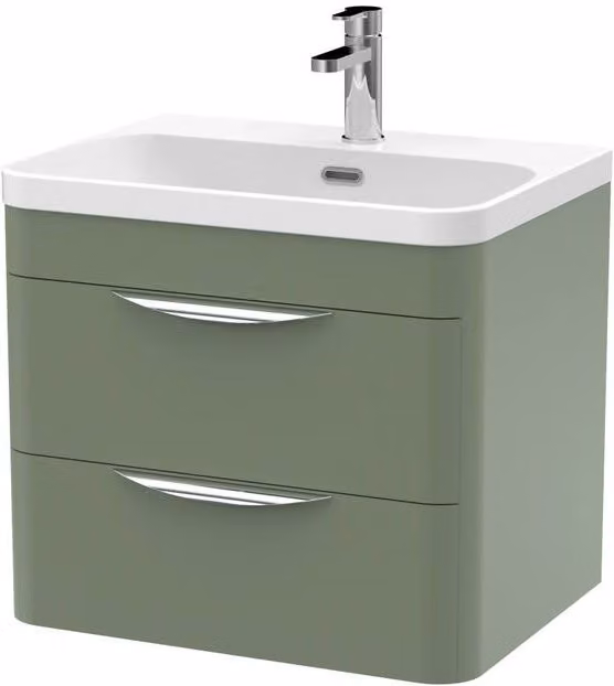 Balterley Wave 600mm Wall Hung 2 Drawer and Thin-Edge Ceramic Basin in Satin Green
