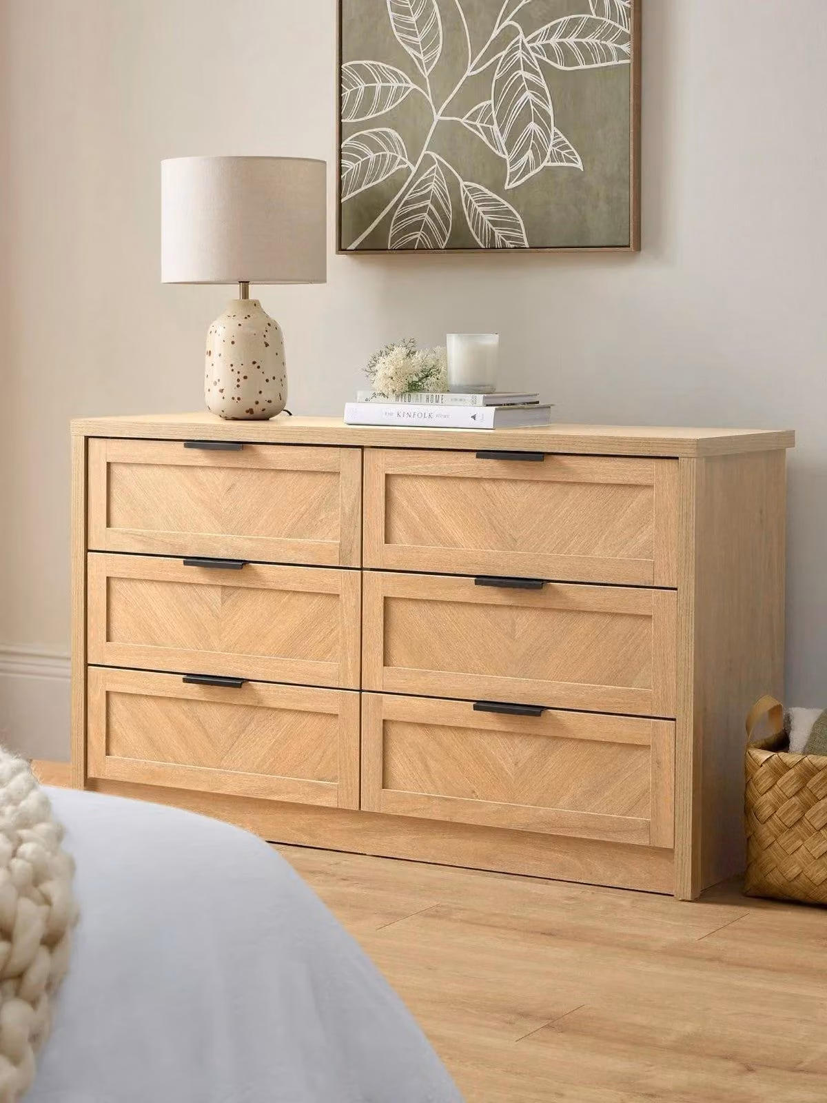 Chevry 3 + 3 Drawer Chest in Oak Fishbone Effect, Modern Bedroom Furniture in Brown and Black
