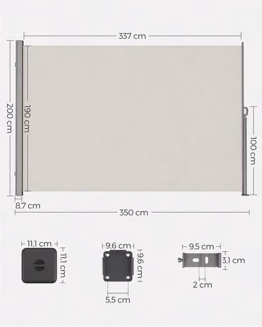 SONGMICS Extendable Privacy Screen with UPF 50 Sun Protection in Silver, W/D/H: 200 x 200 x 200 cm