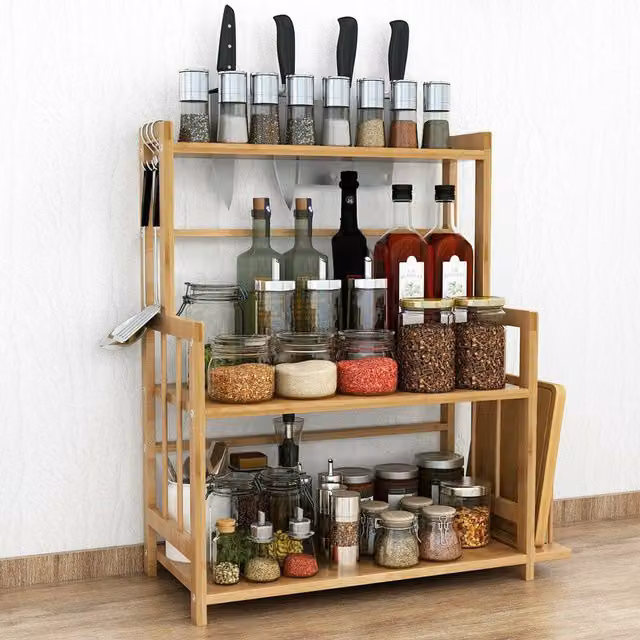 Livingandhome 3 Layer Bamboo Wood Spice and Herb Jar Storage Rack in Brown and Yellow