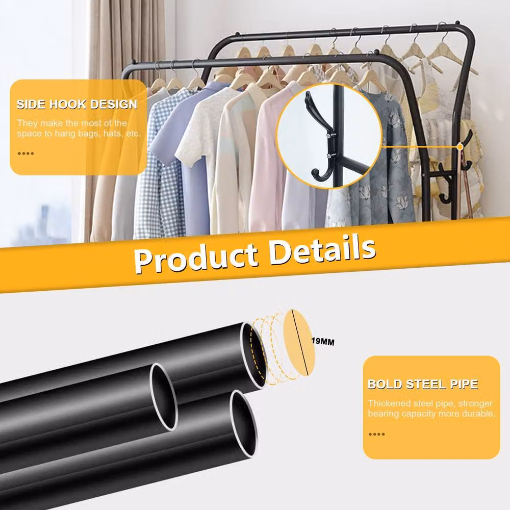 Dprodo Black Glossy Metal Freestanding Garment Rack with Dual Hook and Rail Matrix, H 145 cm x W 110 cm x D 33 cm – 3