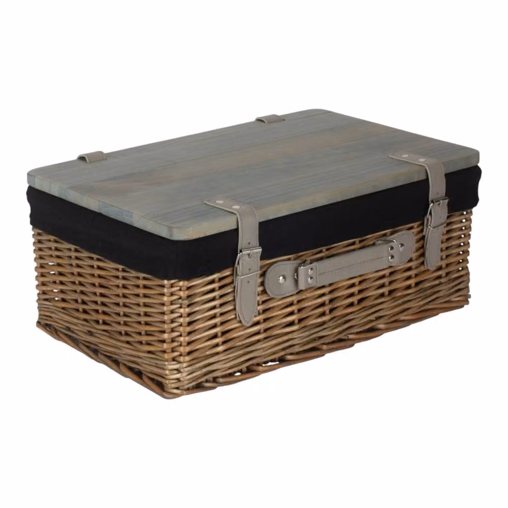 Red Hamper Antique Wash Willow Picnic Basket with Pinewood Lid and Black Lining, Small – 2
