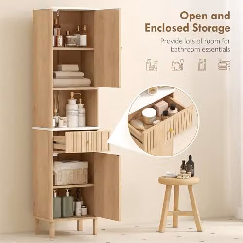 HOMCOM Tall Bathroom Cabinet with Silent-Glide Drawer and Adjustable Shelves, Brown Oak Wood Effect, H 168 x W 41.5 x D 30 cm – 4