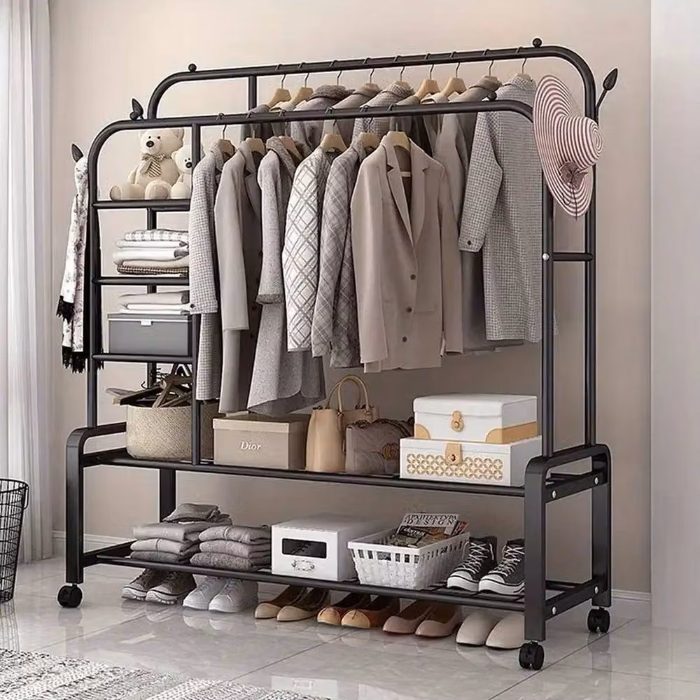 KORVIXA Heavy Duty Double Clothes Hanging Rail in Black Metal – 4