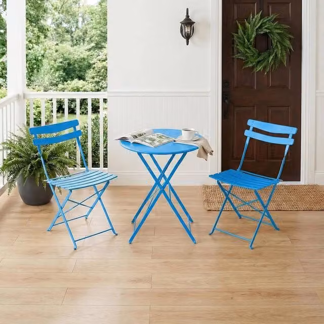 London Boutique 3-Piece Metal Bistro Set with Round Table and 2 Chairs in Matt Blue