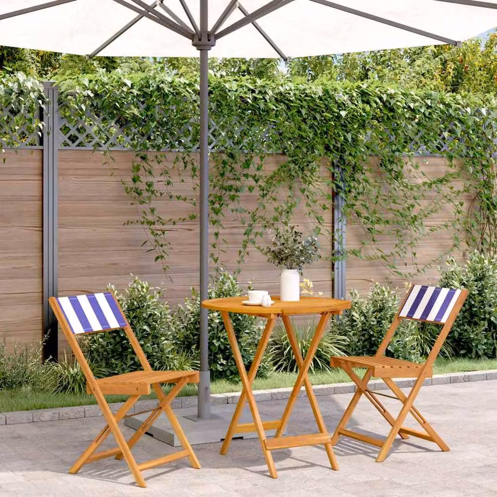 Berkfield Home Beautiful 3 Piece Bistro Set in Blue and White Striped Fabric and Oiled Acacia Wood – 2