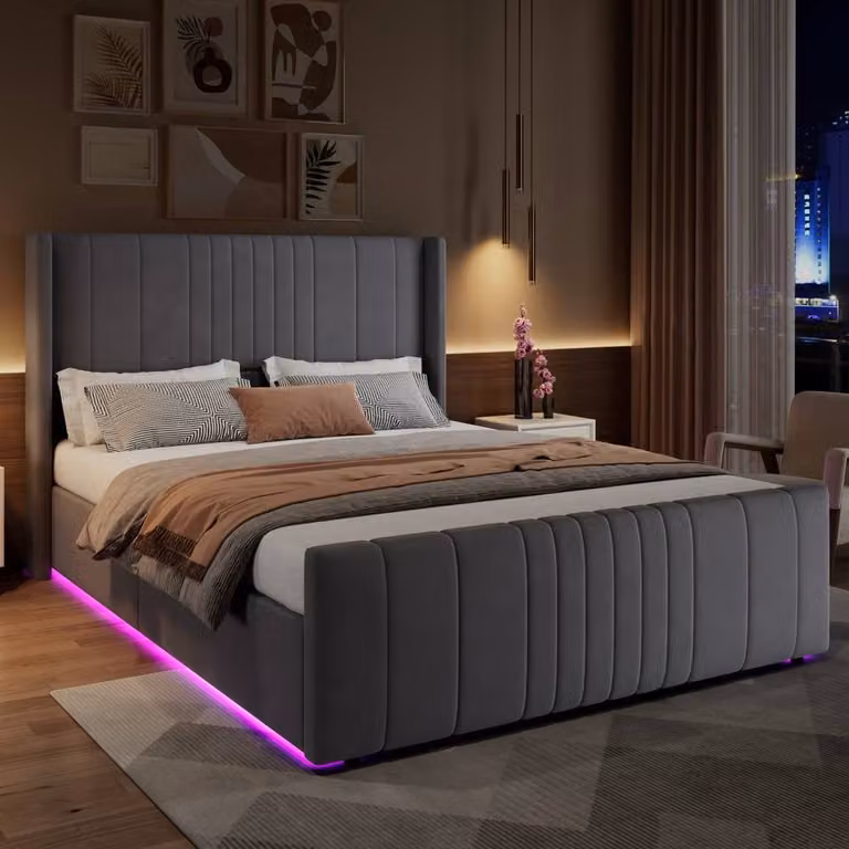 BTM Double Ottoman Bed with LED Under-Bed Lighting, Grey Velvet Upholstered Frame, W/D/H: 140 x 190 x 46.6 cm