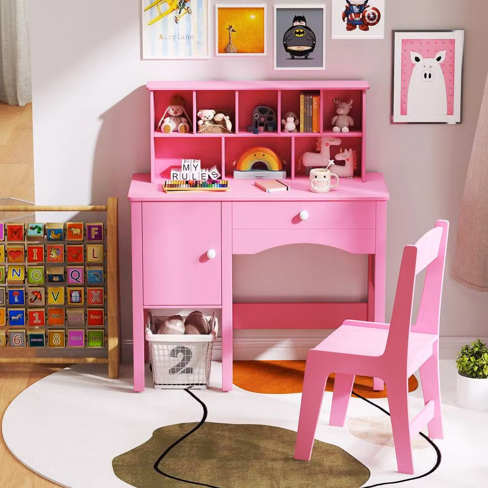 Gymax Childrens Study Desk and Chair Set with Shelves in Pink – 2