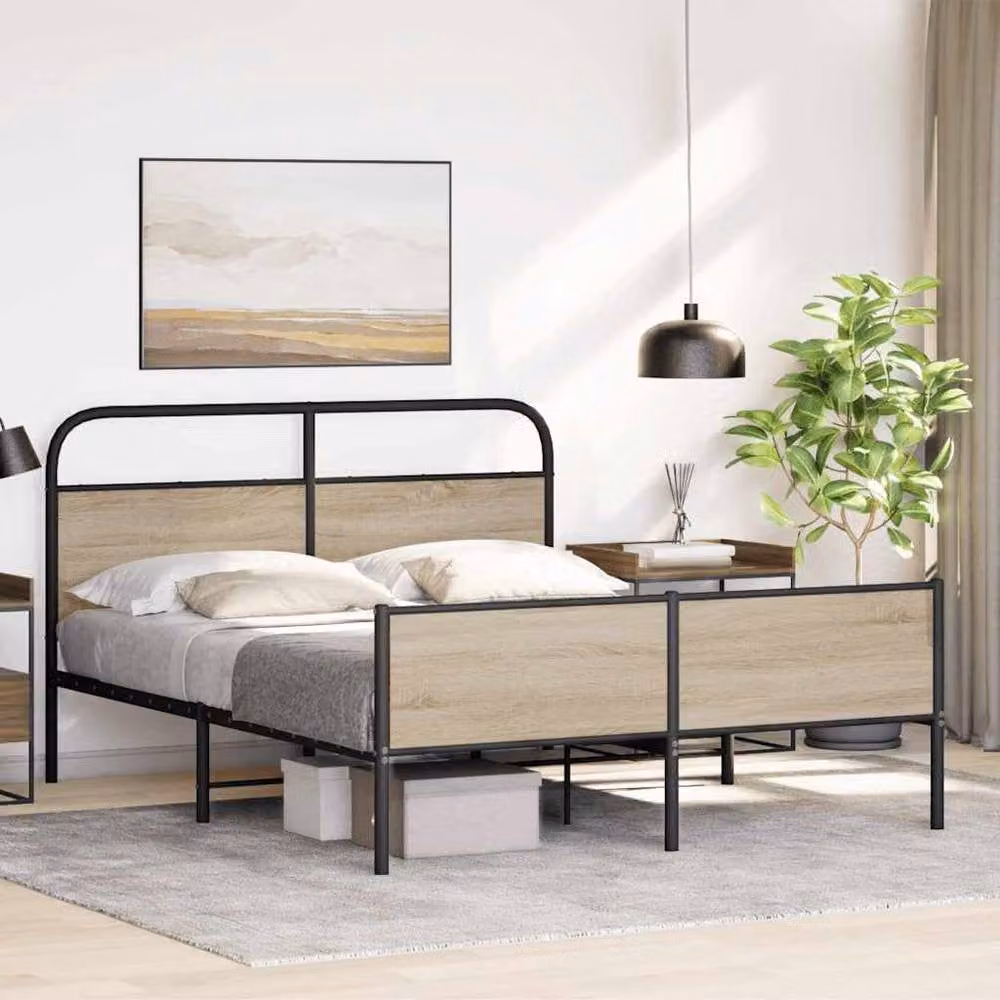 Berkfield Home Metal and Oak Bed Frame in Light Brown, W/D/H: 160 x 200 x 166 cm – 2