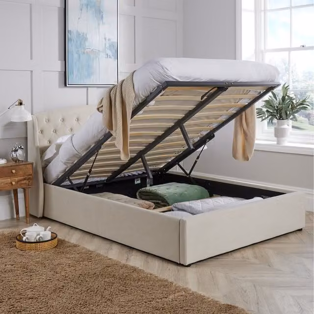Home Source Tahoe Double End Lift Storage Ottoman Bed in Cream Velvet Fabric