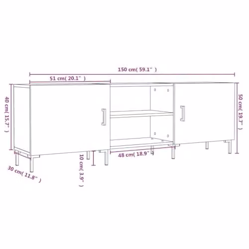 vidaXL Modern TV Cabinet in Brown Oak and Metal, W: 150 cm, D: 30 cm, H: 50 cm – 3