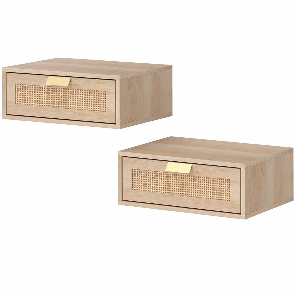 STILVORA Set of 2 Floating Bedside Tables with Drawer in Light Oak and Rattan – 2
