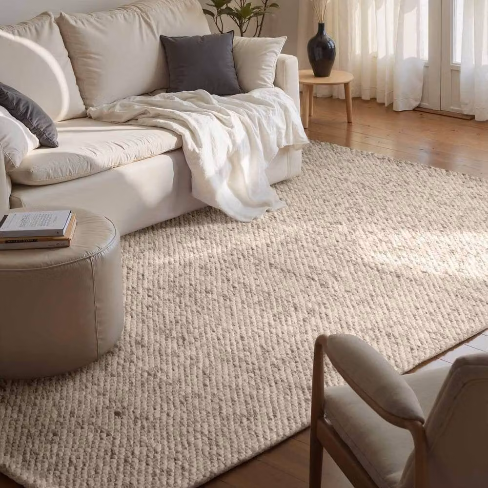 THE RUGS Lyon Handwoven Wool and Cotton Beans Round Rug in Light Beige, Diameter: 200 cm – 2