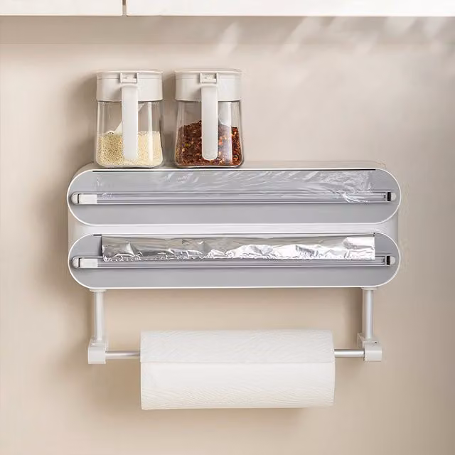 Livingandhome Dual-Layer Magnetic Plastic Wrap Dispenser with Cutter in Grey