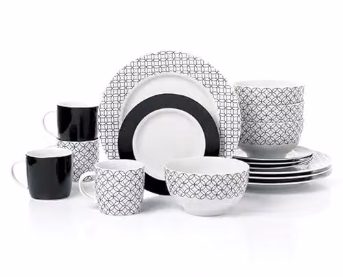 Waterside Fine China 16-Piece Geometric Black Porcelain Dinner Service