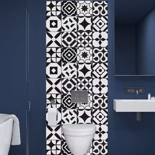 WALPLUS 24 Pcs Geometric Square Tile Stickers, Black and White Self-Adhesive Vinyl Backsplash, 15 cm – 3