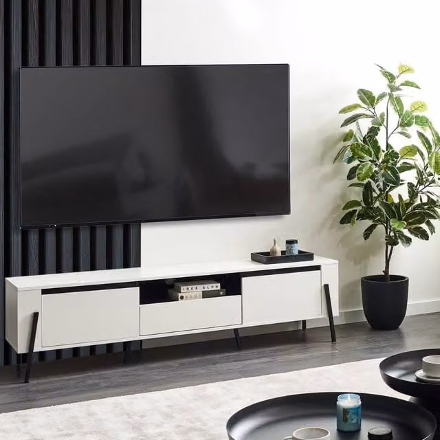 Wyld and Coco White Industrial TV Stand with Metal Legs, Fits up to 75 inch TVs
