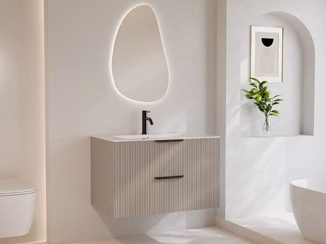 Vente-unique DALIKO Fluted Wall-Hung Vanity Unit in Beige with Soft-Close Doors and LED Lighting, W: 80 cm – 1
