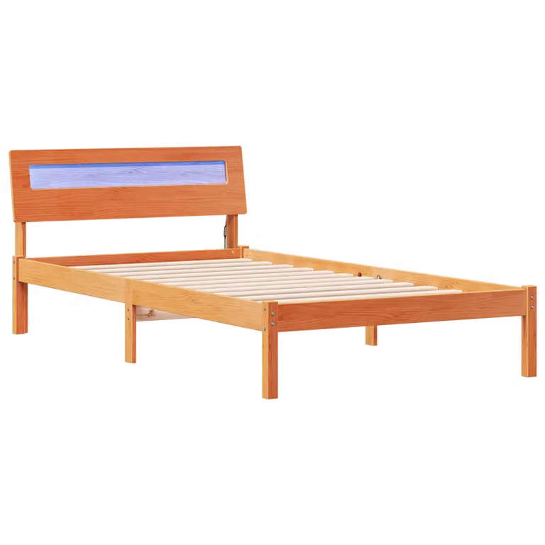 Berkfield Home Wax Brown Pine Wood Bed with Headboard and LED Strip Lights W/D/H: 90 x 190 x 73 cm