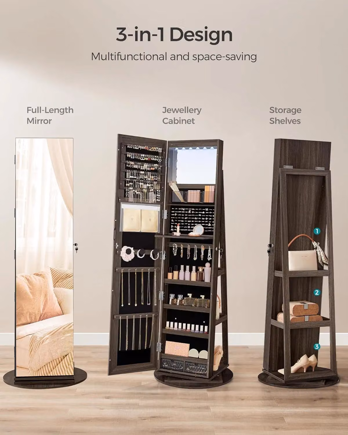 SONGMICS LED Jewellery Cabinet with Lockable Storage and Mirror in Dark Brown – 3