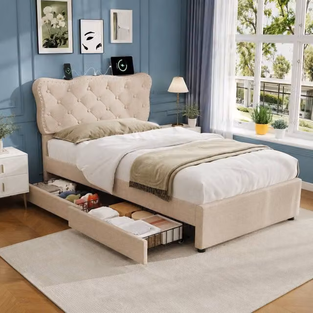 STILVORA Single Bed Frame with Drawers and USB Charging Port, Beige Linen, W/D/H: 90 x 190 cm – 1