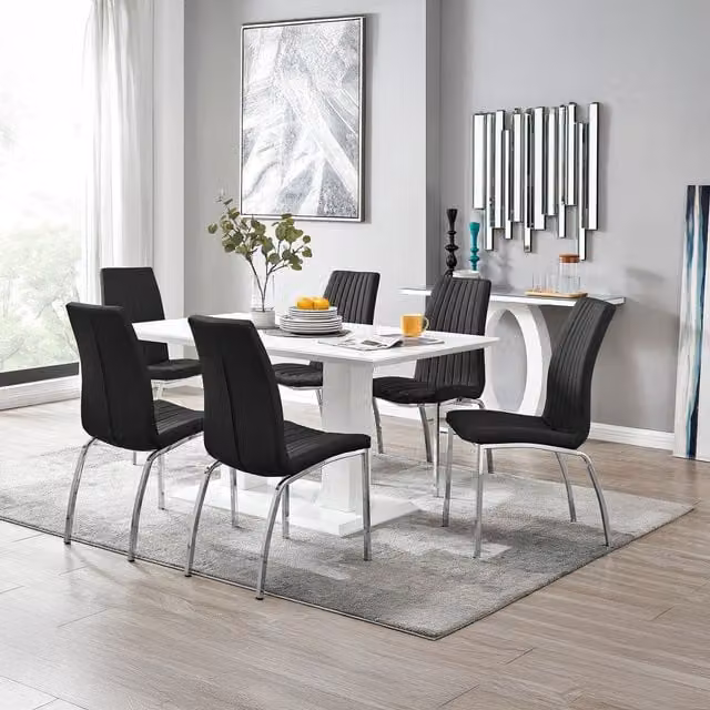 FurnitureboxUK Imperia High Gloss Rectangular Dining Table and 6 Isco Faux Leather Chairs Set in Black and White