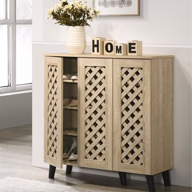 Timber Art Design Modern 3 Door Shoe Cabinet in Brown, W/D/H: 91 x 32 x 90 cm