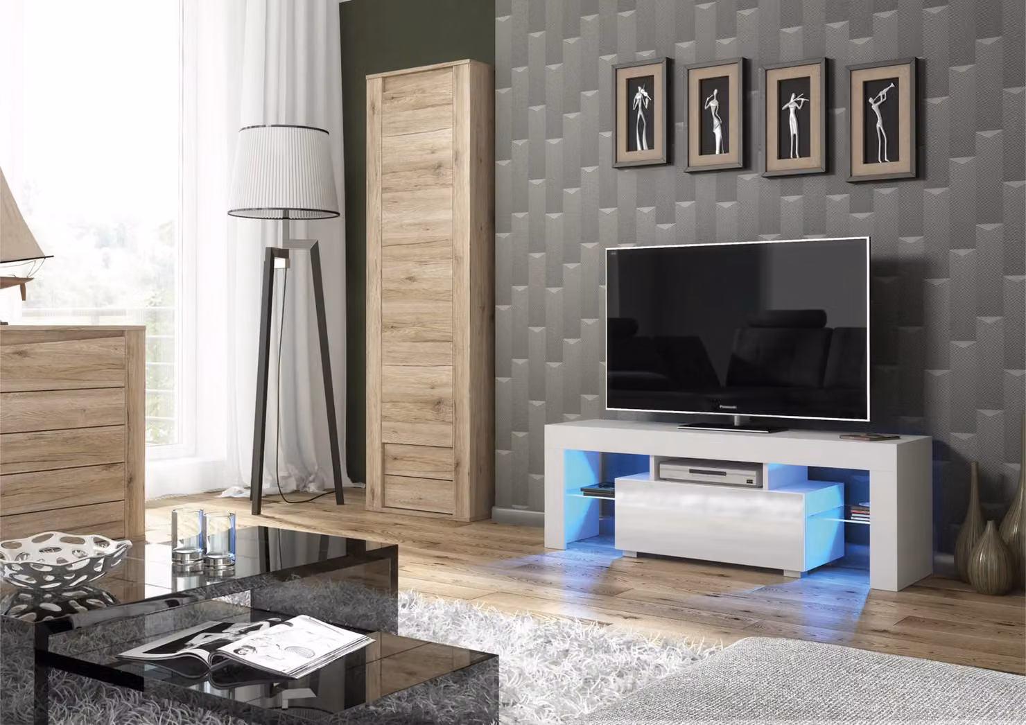 Mex Furniture LTD Modern Glossy White TV Unit with LED Lighting, W: 130 cm, D: 35 cm, H: 45 cm – 3