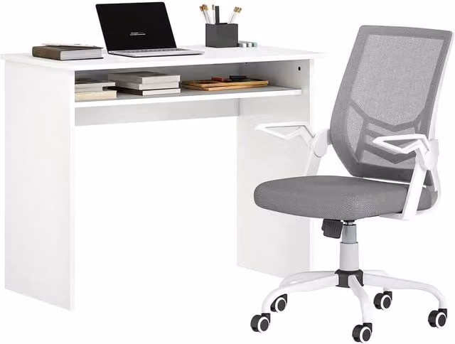 PAWNORA Home Office Desk and Ergonomic Mesh Chair Set with Shelf in White and Grey