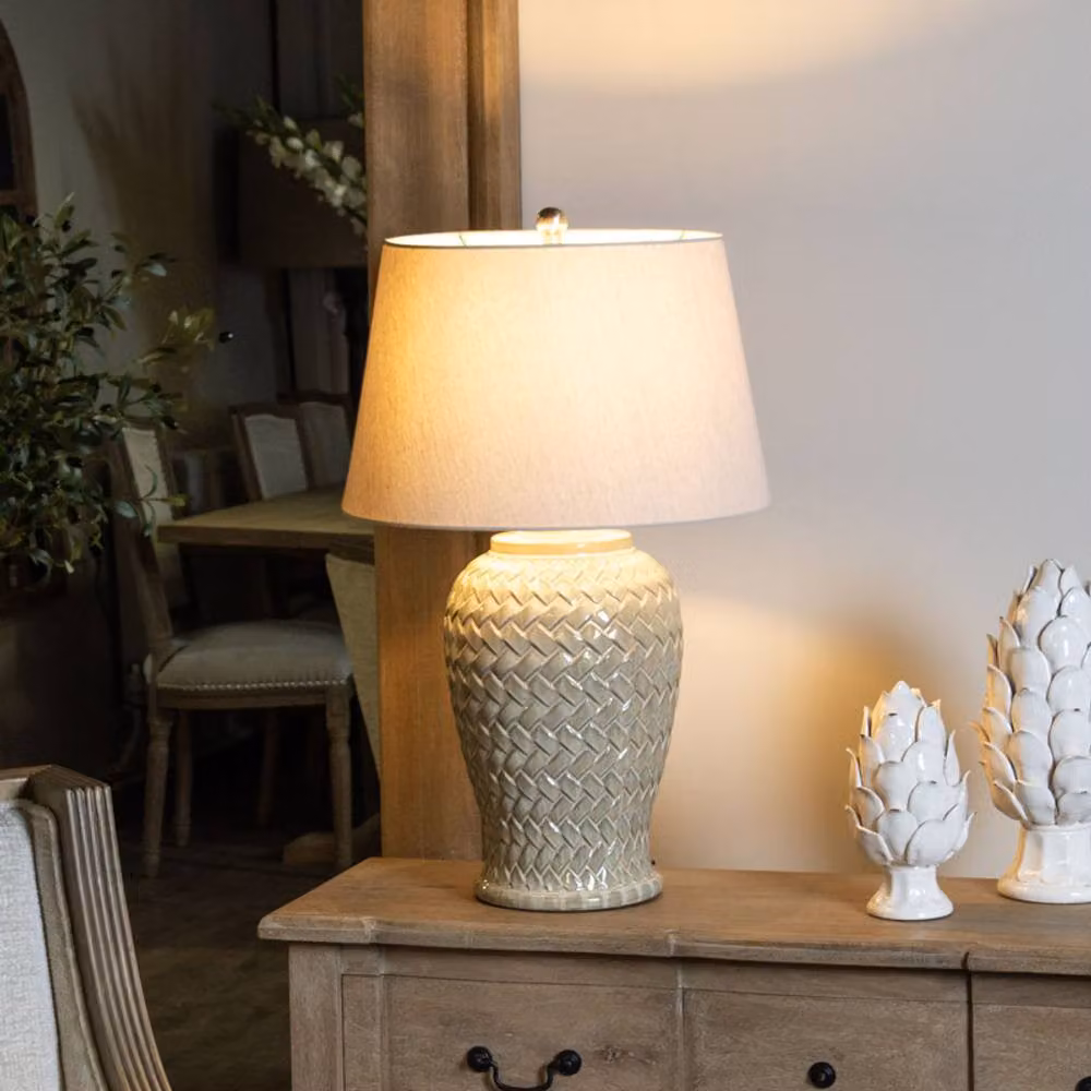 Lemon Pavilion Woven Ceramic Table Lamp with Fabric Shade in White and Beige, W40 x D40 x H70 cm – 2