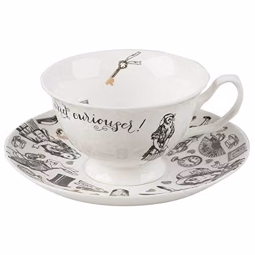 Creative Tops Alice in Wonderland Bone China Tea Cup and Saucer, White and Gold, 210 ml – 1