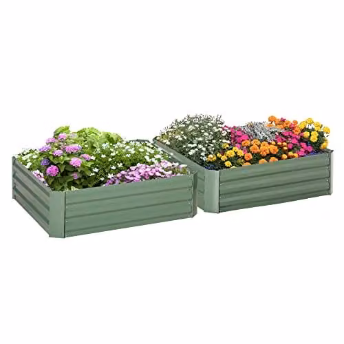 Outsunny Set of 2 Galvanised Steel Raised Garden Beds in Green, W/D/H: 100 x 100 x 30 cm – 1