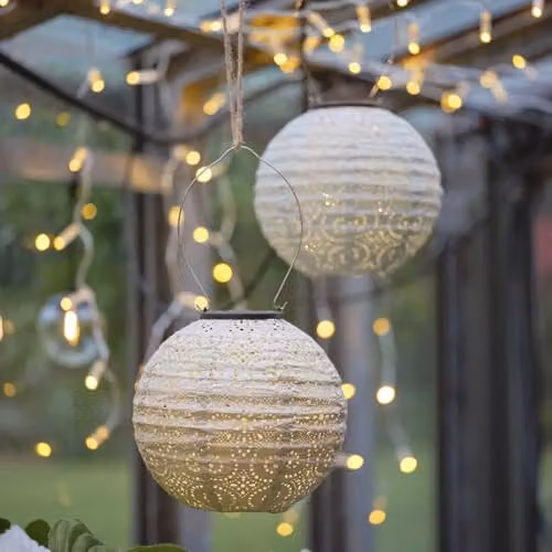 Lights4fun Set of 3 Scandi Tyvek Solar Lanterns with Warm White LEDs in Purple, Blue and White – 3
