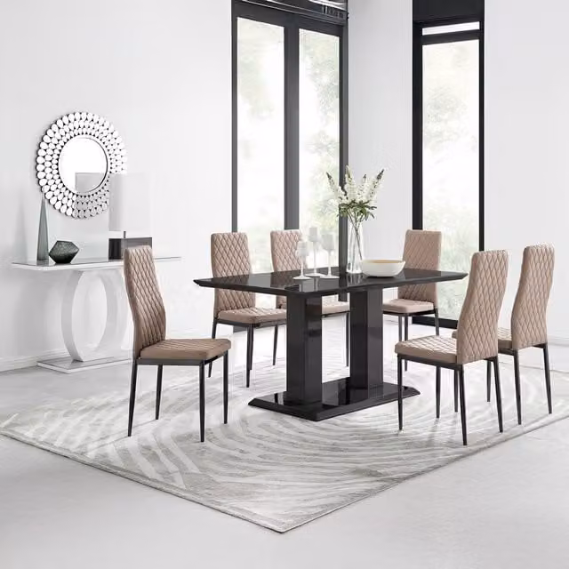 FurnitureboxUK Imperia 6-Seater Black Rectangular Glass Dining Table and 6 Milan Black Leg Faux Leather Chairs in Yellow