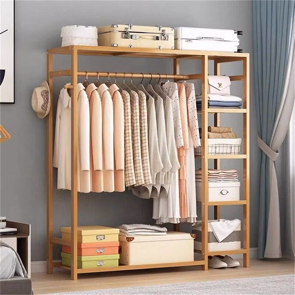 EONLION Natural Bamboo Clothes Rail and Open Wardrobe Corner Cabinet – 3