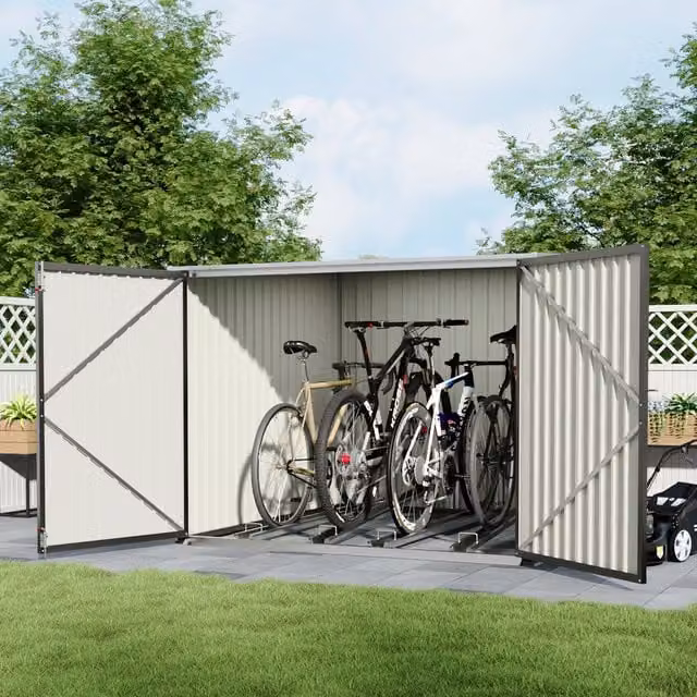 Lifeideas Metal Pent Garden Storage Shed with Double Doors and Bicycle Rails in Grey