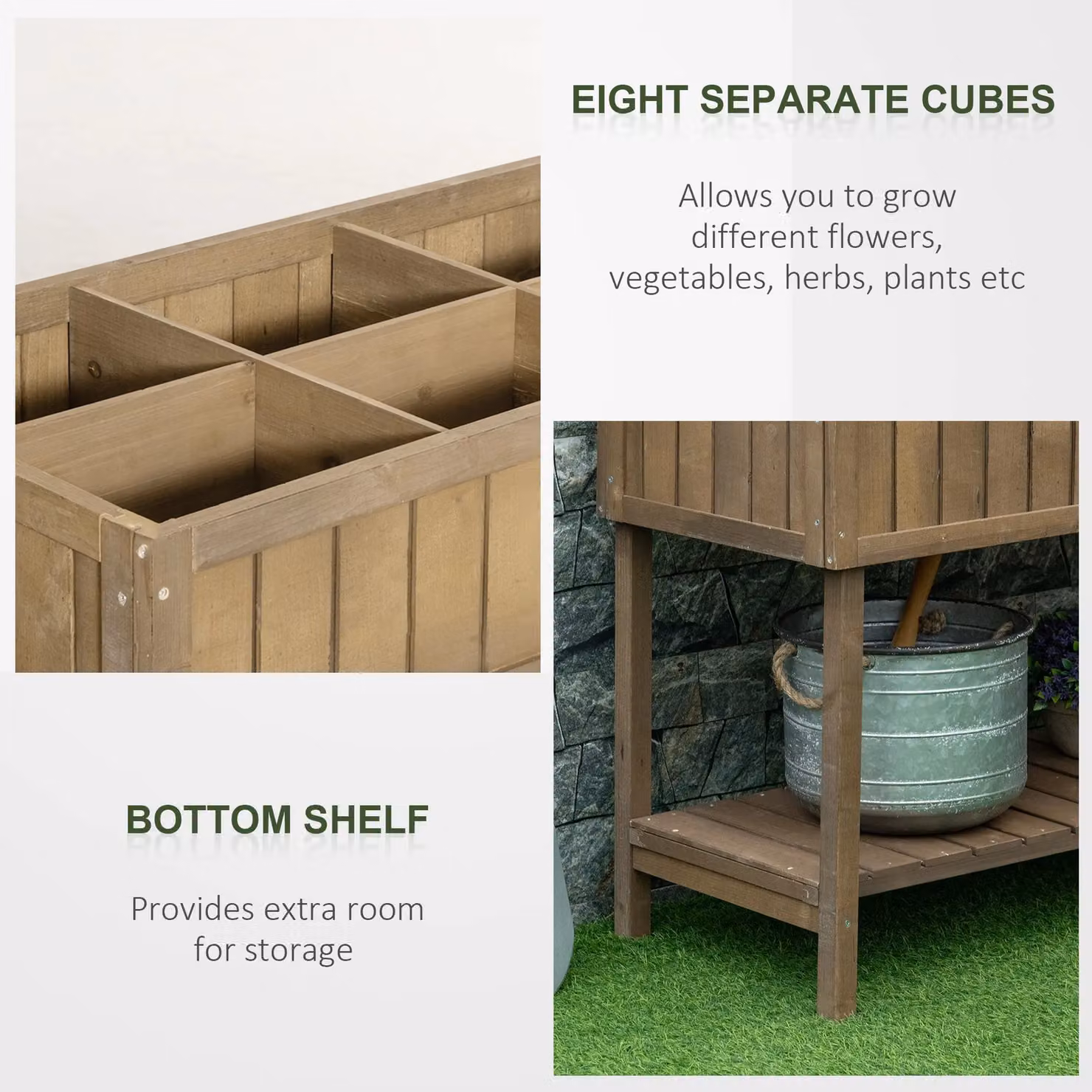 Outsunny Brown Wooden Raised Bed Herb Garden Planter with 8 Cubes and Bottom Shelf – 3