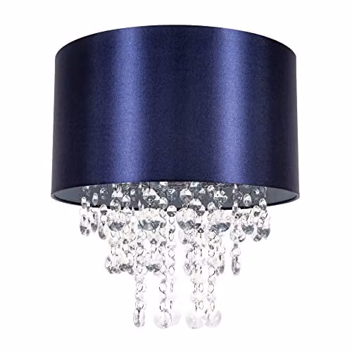 Happy Homewares Modern Round Blue Satin Fabric Pendant Light Shade with Transparent Acrylic Droplets, Diameter: 30 cm – 1
