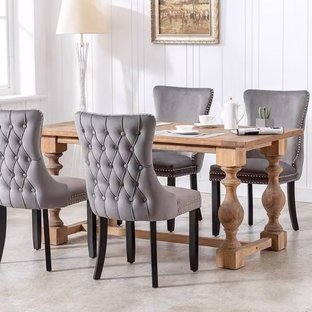 Modern Home Touch Sierra Lux Set of 4 Grey Velvet Tufted Wing Back Dining Chairs with Oak Wood Frames – 1