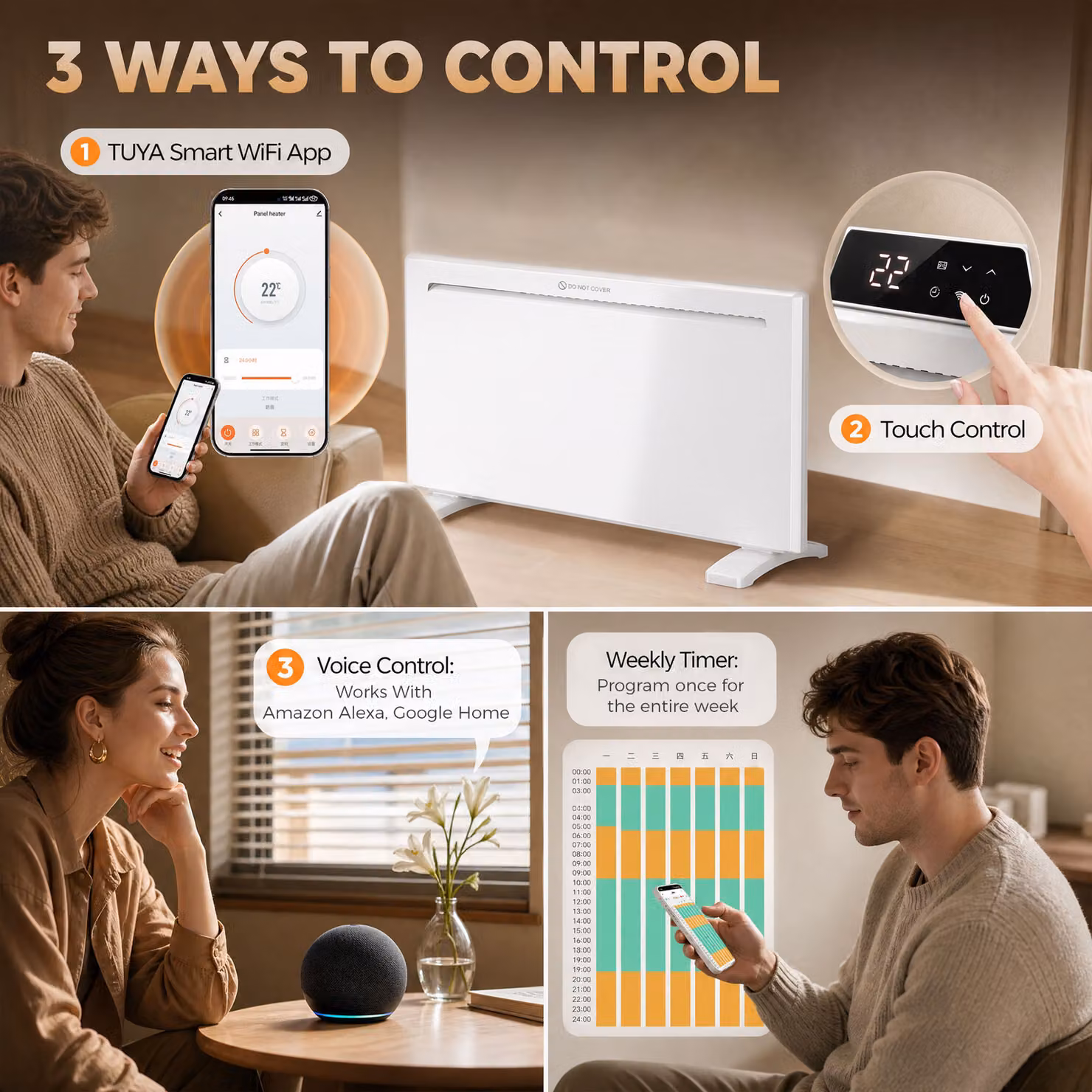 HOMCOM Smart White Convector Panel Heater, 2000W Electric Wall Mounted or Freestanding Heater with WiFi App Control and Weekly Timer – 3