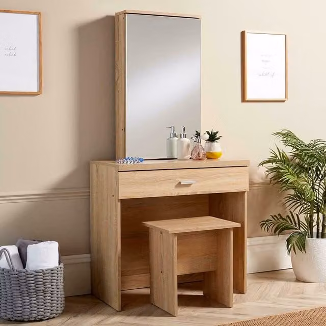 Home Source Berlin Dressing Table with Sliding Mirror and Stool Set in Oak Effect