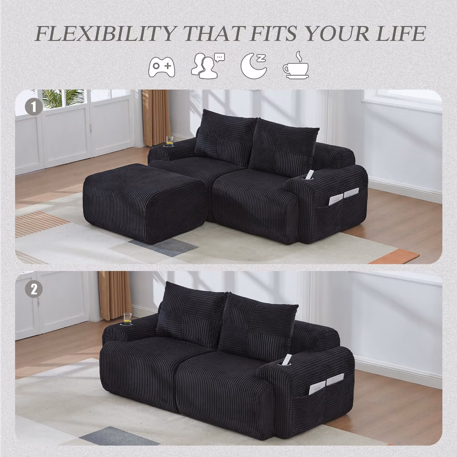 Aosom UK Modular 2-Seater L-Shape Sofa in Black Corduroy with Foam-Filled Plush Seats and Built-In Cup Holder, W/D/H: 174 x 200 x 80 cm – 3