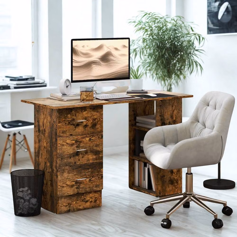 FURNOS Industrial Rustic Computer Desk with 3 Drawers and Shelves, Brown, W: 120 cm, D: 49 cm, H: 72 cm – 4