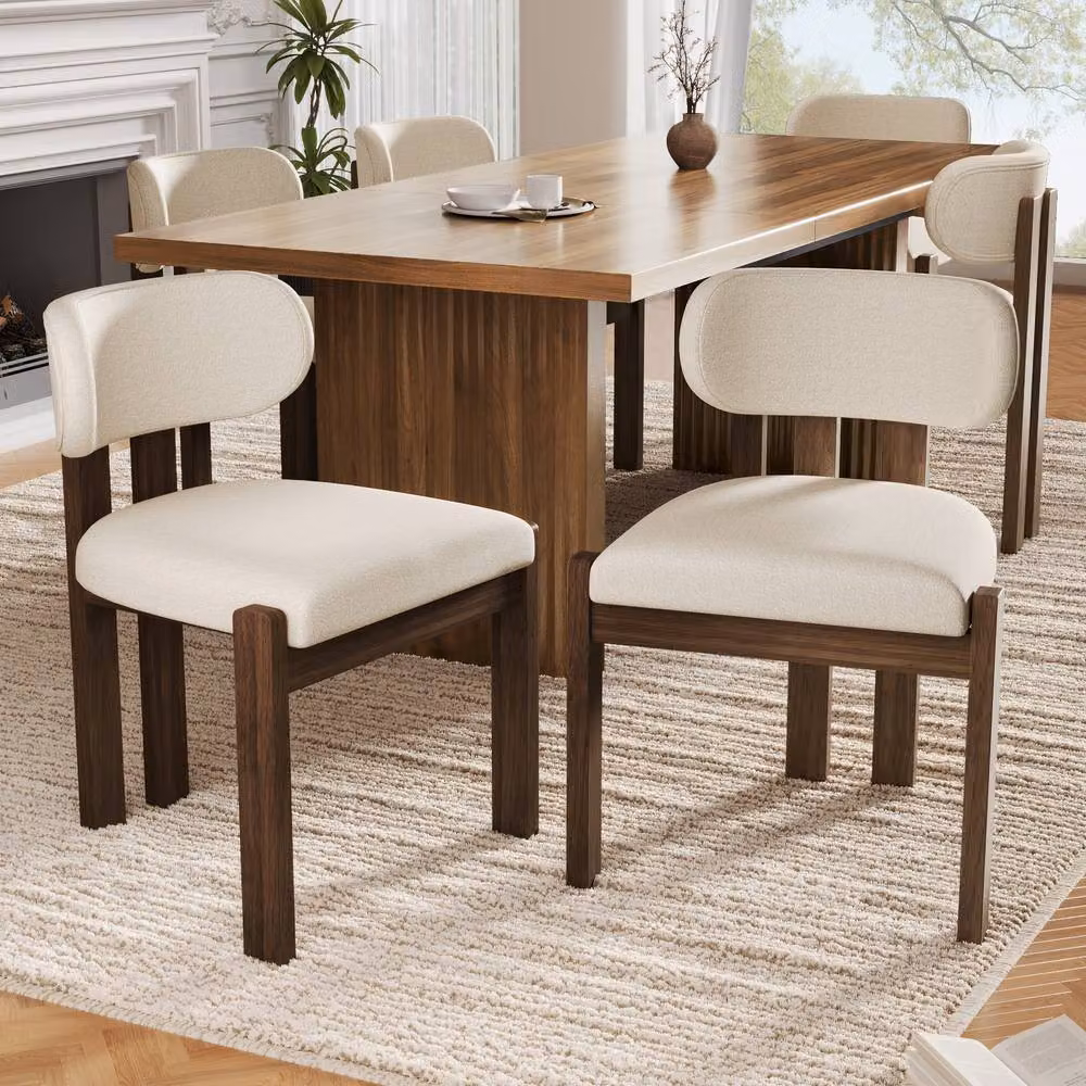 Merax Set of 6 Bouclé Dining Chairs with Solid Wood Frame in Walnut and Beige – 2