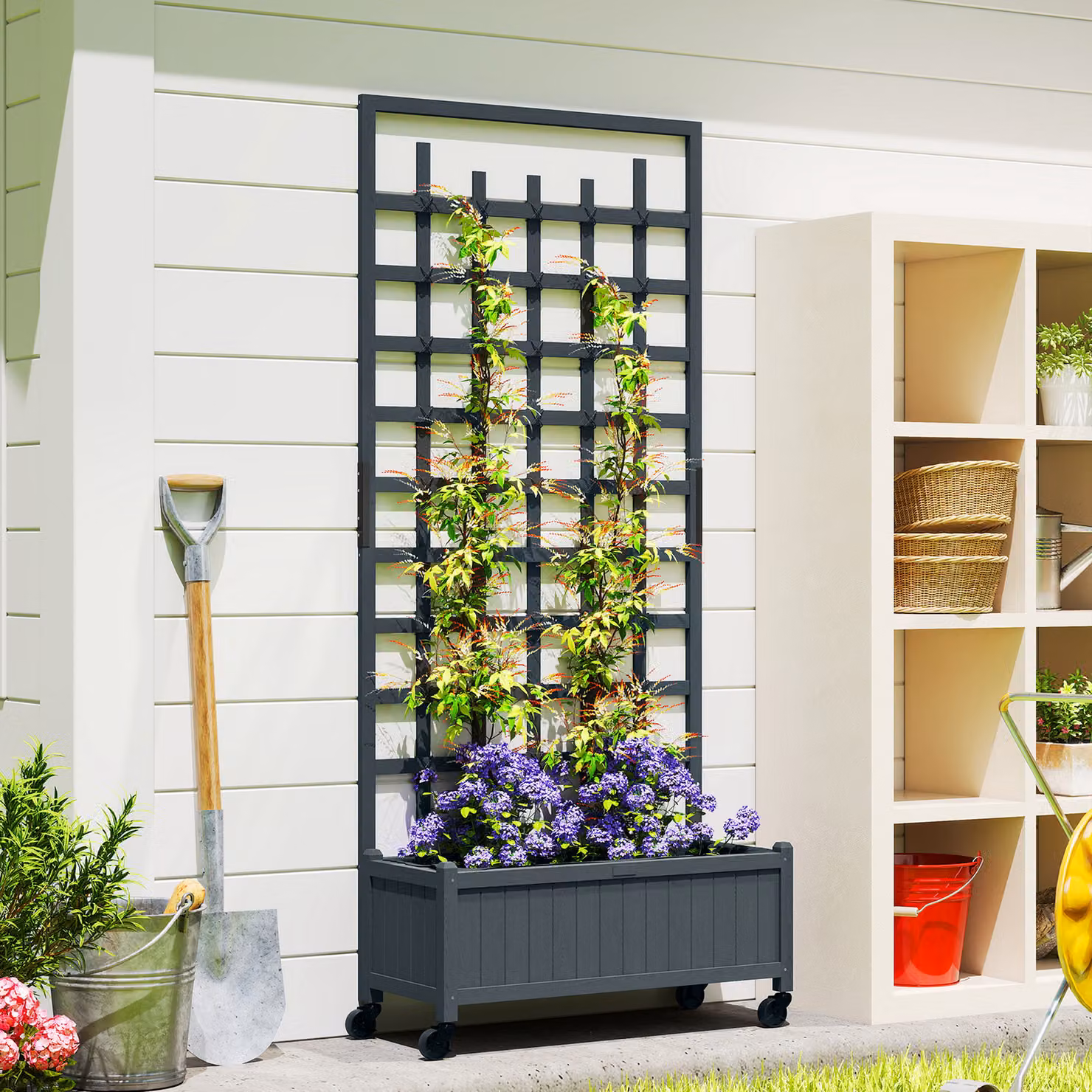 Outsunny Grey Wooden Trellis Raised Garden Bed with Wheels for Vegetables, Herbs and Flowers, W/D/H: 186 x 82.5 x 35 cm – 2